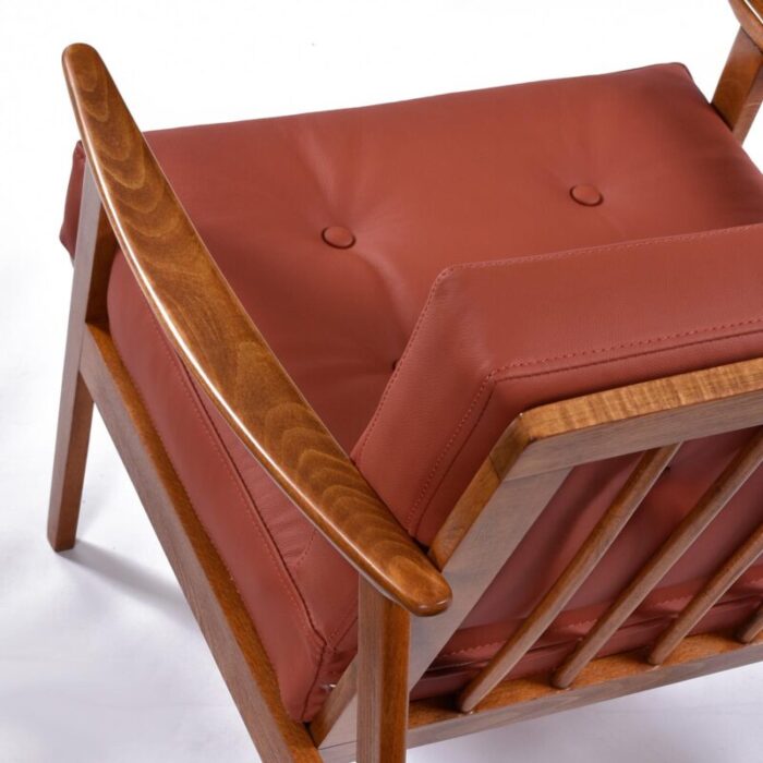 restored terra cotta brick red leather wood frame mid century modern chairs 2081