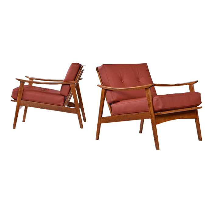 restored terra cotta brick red leather wood frame mid century modern chairs 2246