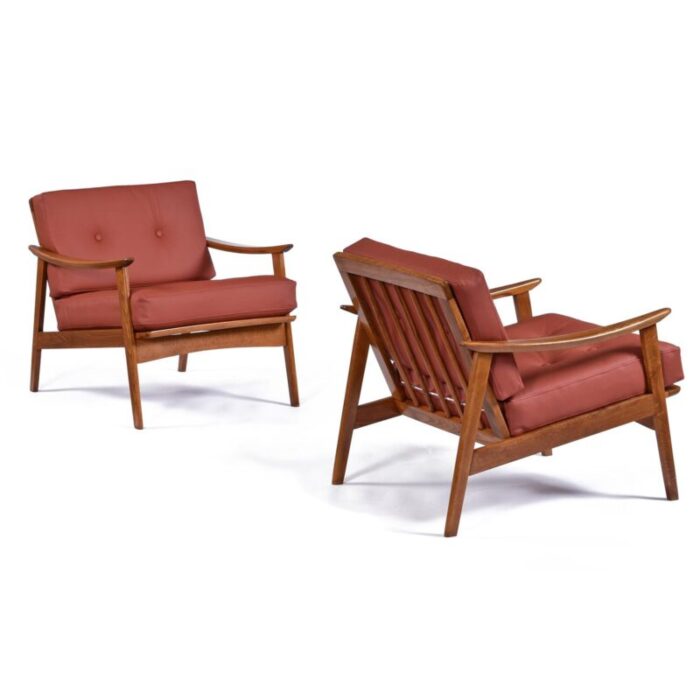 restored terra cotta brick red leather wood frame mid century modern chairs 2534