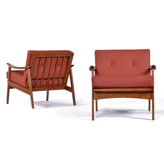 restored terra cotta brick red leather wood frame mid century modern chairs 3580