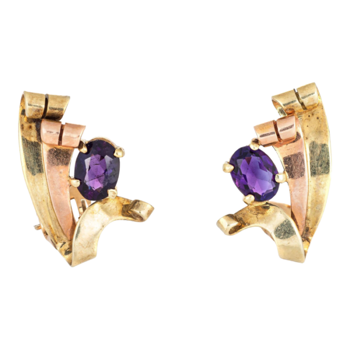 retro vintage amethyst earrings 14k yellow rose gold clip on estate fine jewelry 8660