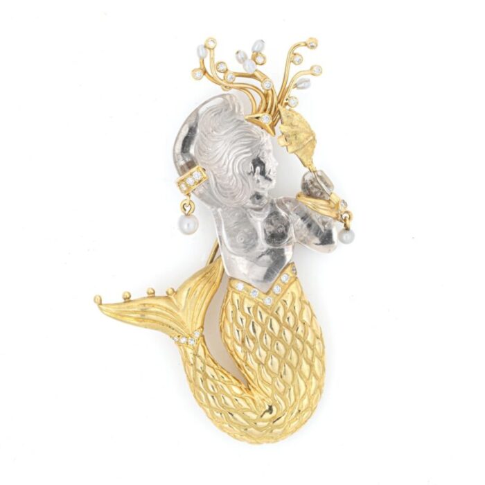 rock crystal mermaid pendant estate 18k yellow gold diamond brooch jewelry 0834