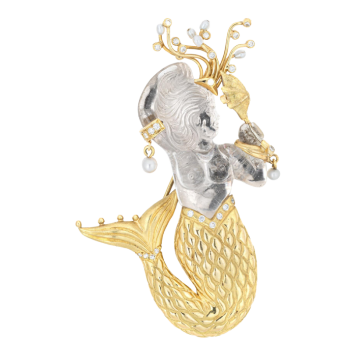 rock crystal mermaid pendant estate 18k yellow gold diamond brooch jewelry 8993