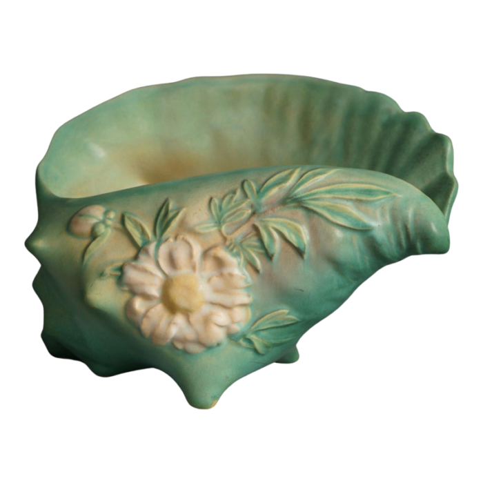 roseville art pottery conch shell peony in green circa 1942 4465