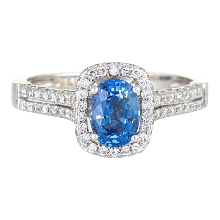 sapphire diamond ring square halo estate 14k white gold gemstone engagement 1851