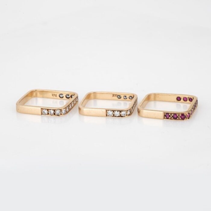 set of 3 square stacking rings 65 estate 14k yellow gold diamond ruby jewelry 2581