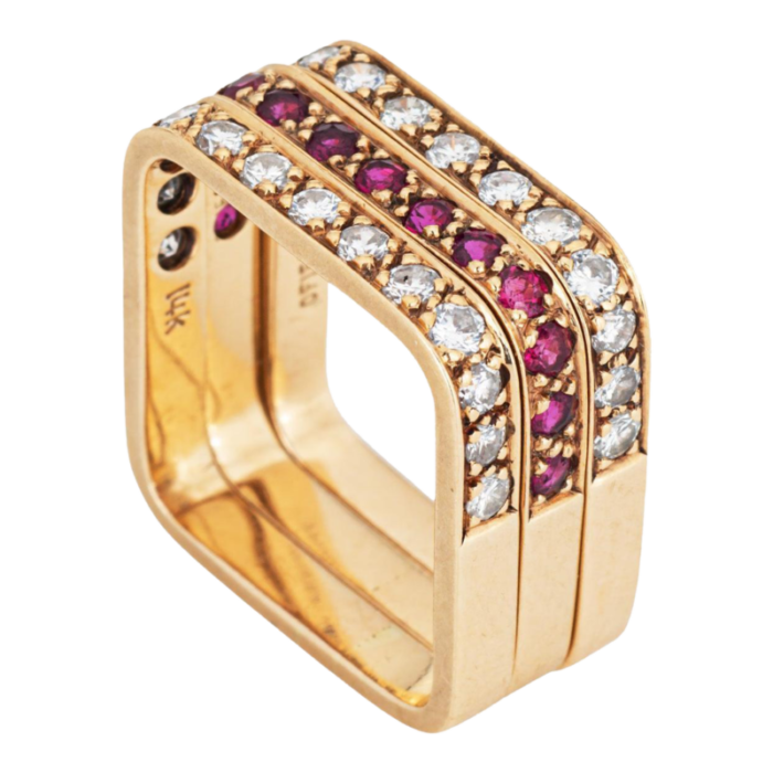 set of 3 square stacking rings 65 estate 14k yellow gold diamond ruby jewelry 6861