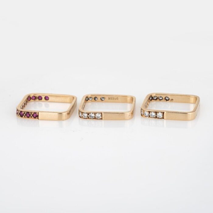 set of 3 square stacking rings 65 estate 14k yellow gold diamond ruby jewelry 8602