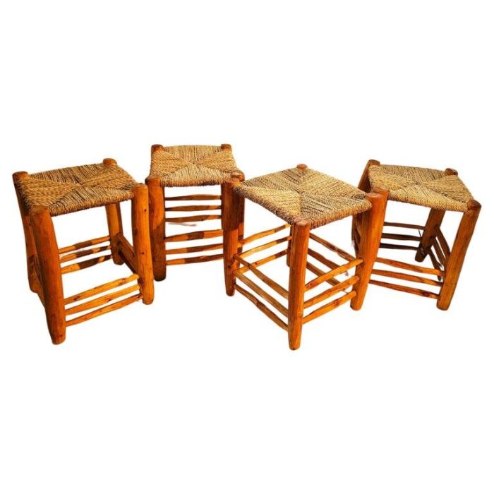 set of 4 hand carved stools w hand woven sea grass seats 2431