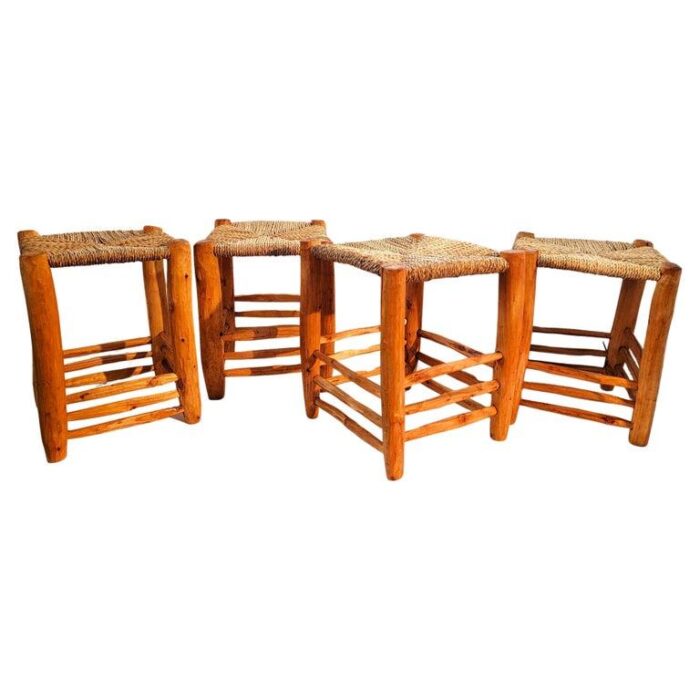 set of 4 hand carved stools w hand woven sea grass seats 6255