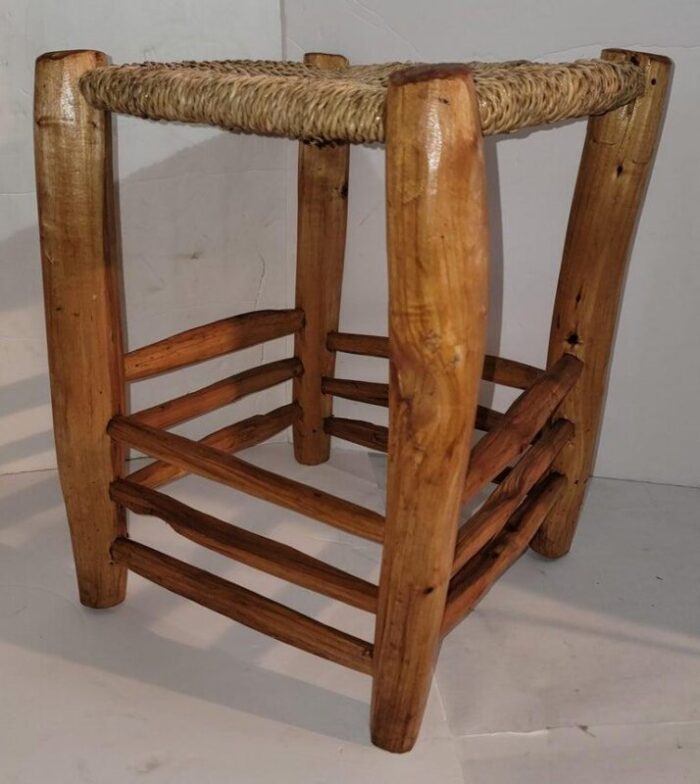 set of 4 hand carved stools w hand woven sea grass seats 9440