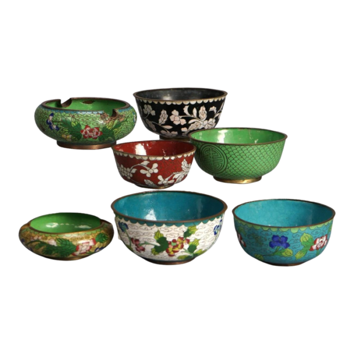 set of seven antique chinese bronze cloisonne enameled rice bowls c1920 1935