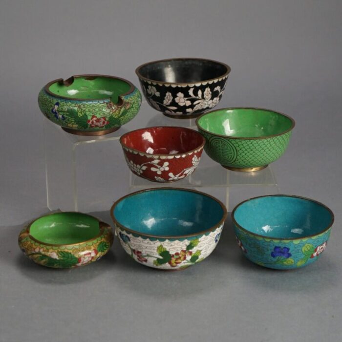 set of seven antique chinese bronze cloisonne enameled rice bowls c1920 6533