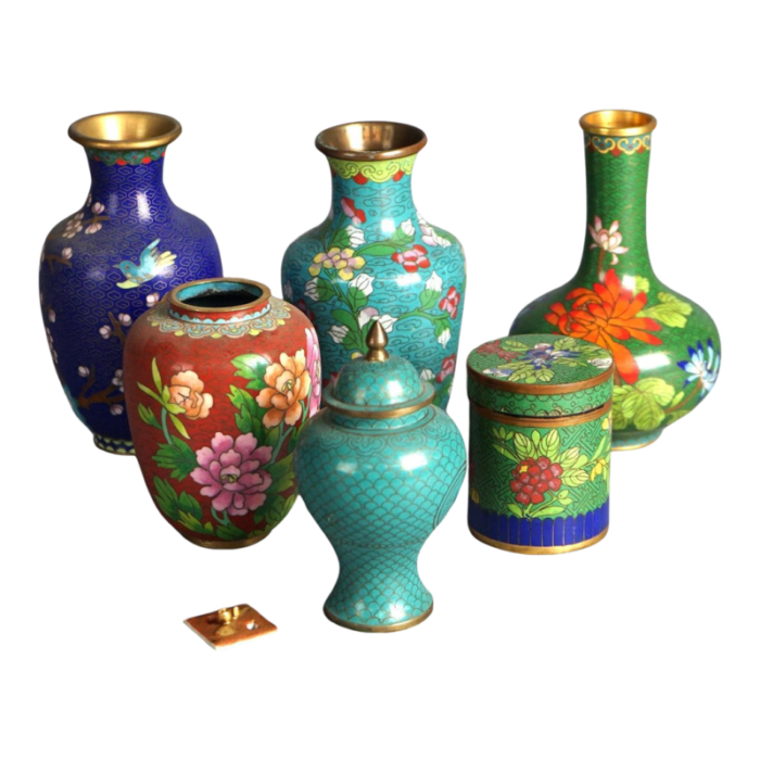 set of six miniature antique japanese meiji cloisonne enameled flower vases c1920 0570