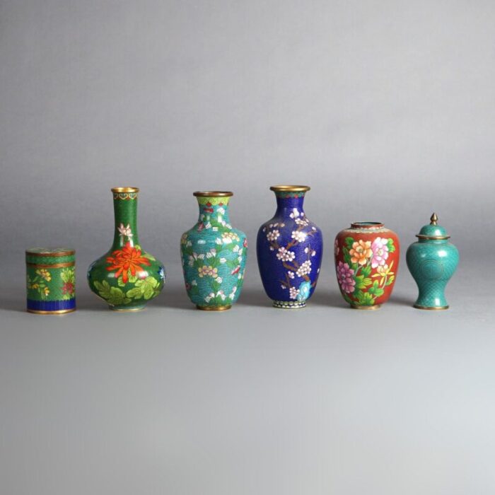 set of six miniature antique japanese meiji cloisonne enameled flower vases c1920 8801