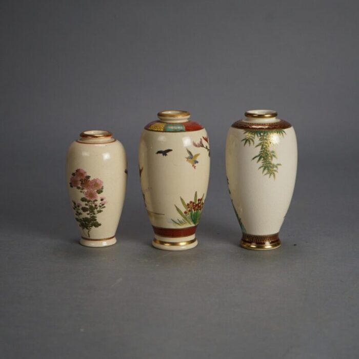 set of three antique japanese satsuma porcelain vases with garden flowers and gilt 1920 4234