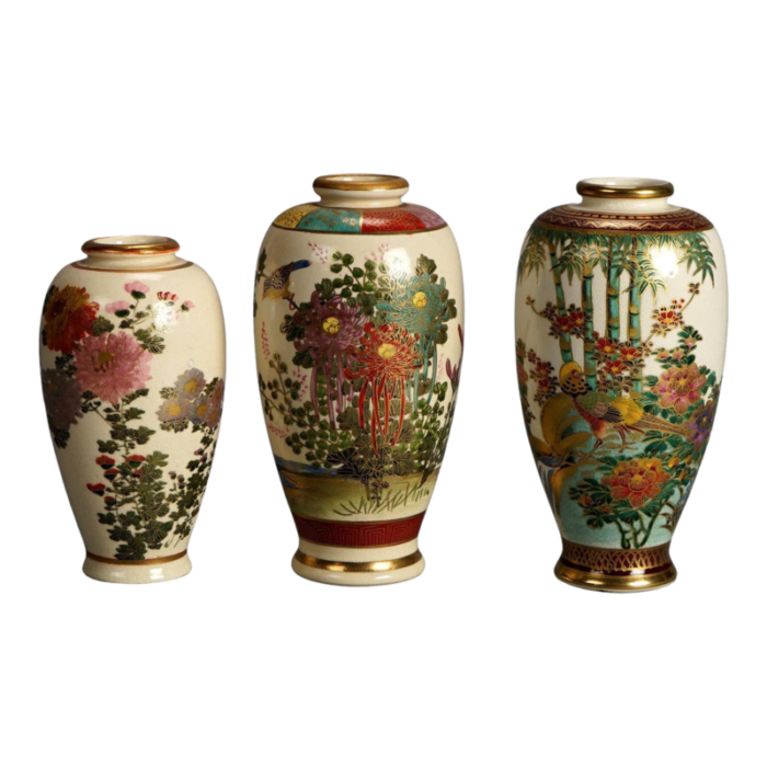 set of three antique japanese satsuma porcelain vases with garden flowers and gilt 1920 4649