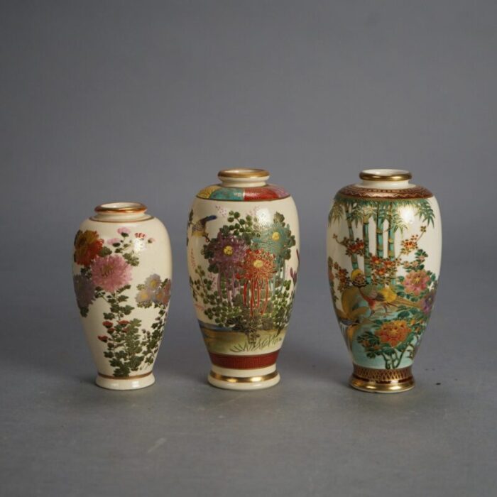 set of three antique japanese satsuma porcelain vases with garden flowers and gilt 1920 7338