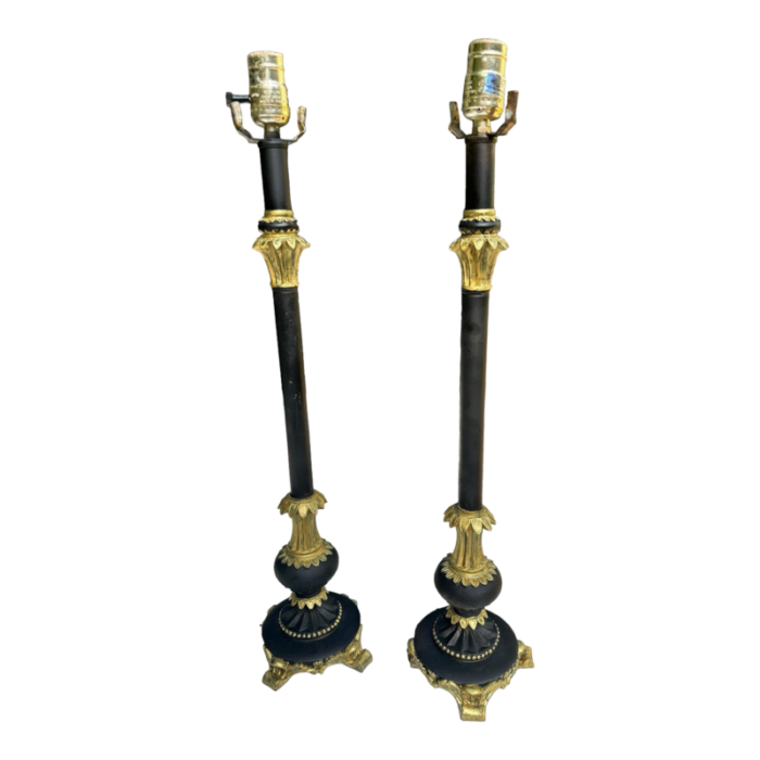 set two 1824 antique french lamps in black gold neoclassical candlestick black and gold 7704