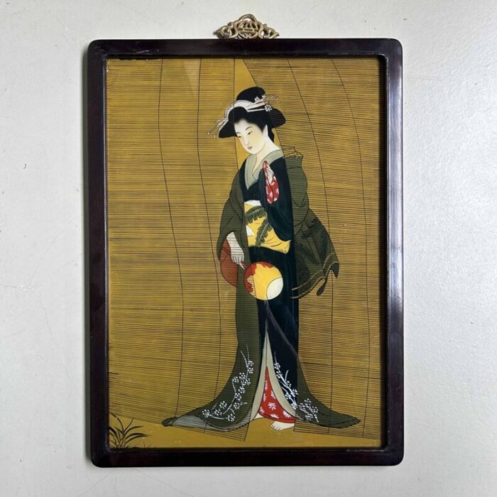 showa period ukiyo e reverse glass painting geisha with fan 1950s 1