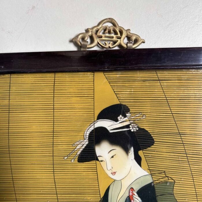 showa period ukiyo e reverse glass painting geisha with fan 1950s 3