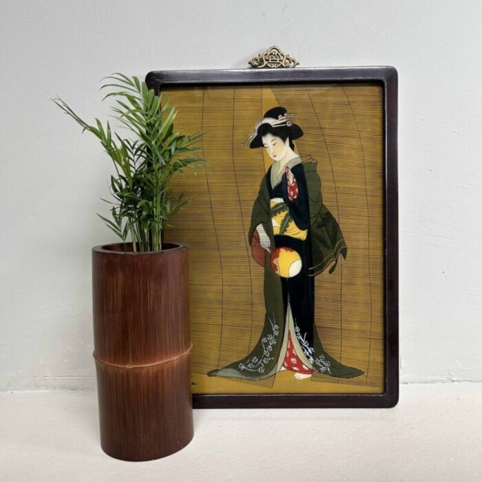 showa period ukiyo e reverse glass painting geisha with fan 1950s 4