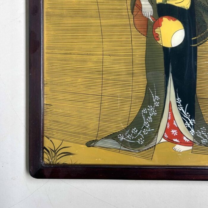 showa period ukiyo e reverse glass painting geisha with fan 1950s 5