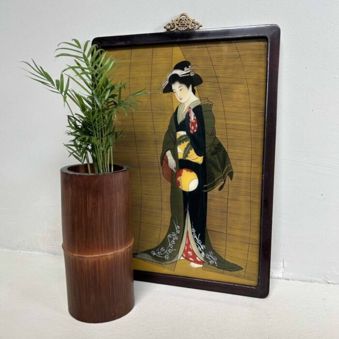 showa period ukiyo e reverse glass painting geisha with fan 1950s 6