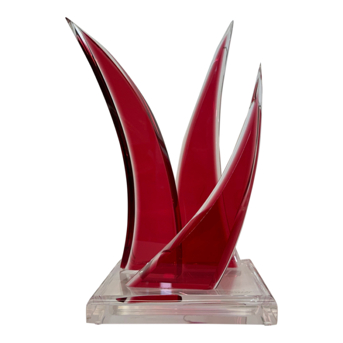 signed david muniz acrylic lucite sculpture art piece in transparent and ruby red 4176