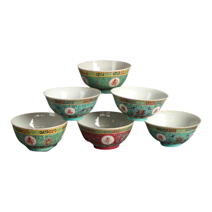 six antique chinese porcelain enamel decorated rice bowls c1910 1448