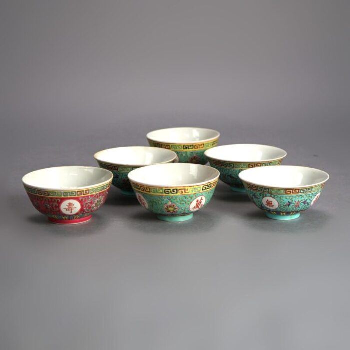 six antique chinese porcelain enamel decorated rice bowls c1910 7550