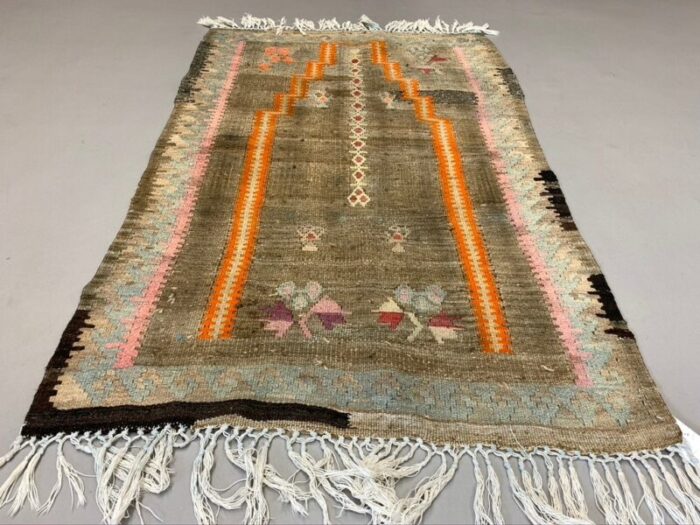 small vintage turkish beige brown and orange wool kilim rug 1960s 4