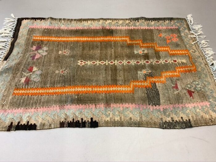 small vintage turkish beige brown and orange wool kilim rug 1960s 5