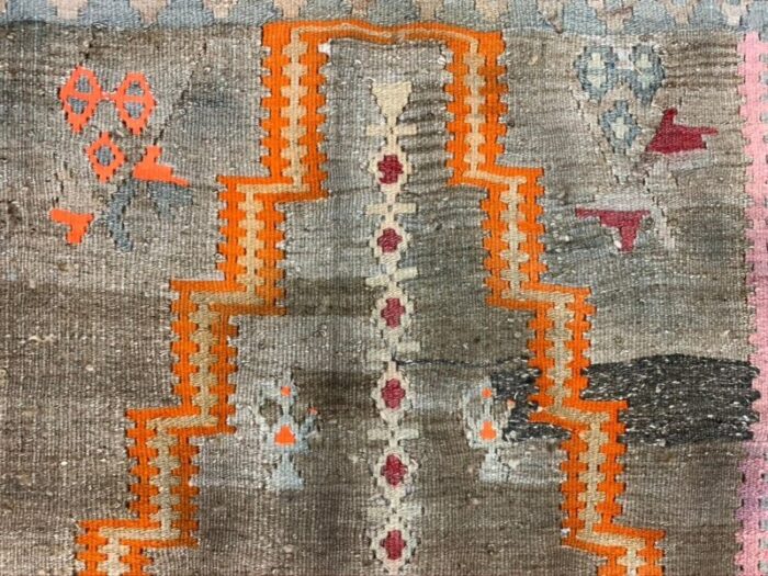 small vintage turkish beige brown and orange wool kilim rug 1960s 7