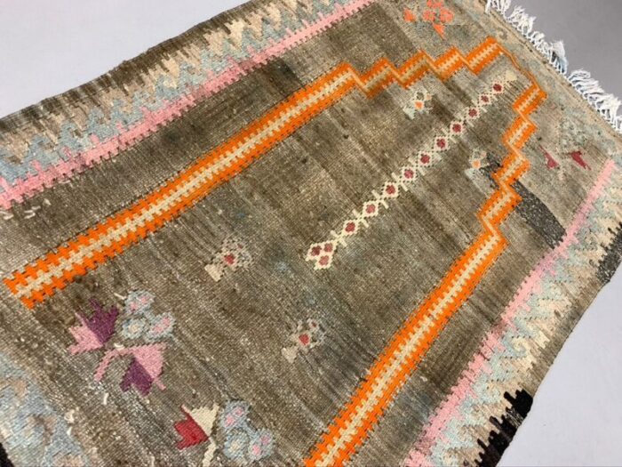 small vintage turkish beige brown and orange wool kilim rug 1960s 9