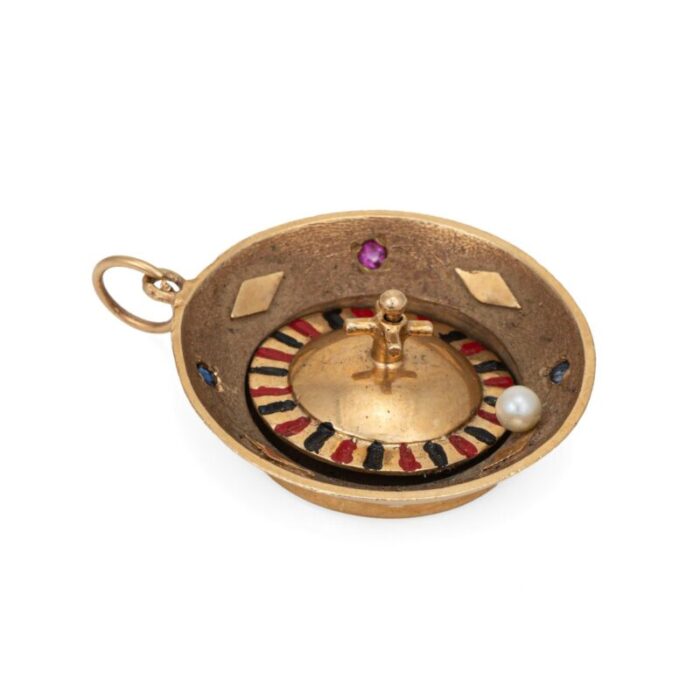 spinning roulette wheel charm vintage 14k gold pendant casino gambling jewelry 8100