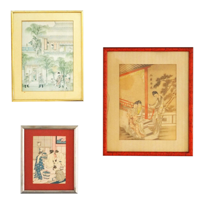 three japanese woodblock genre prints by torii kiyonaga and unknown artist 20thc set of 3 framed 6499