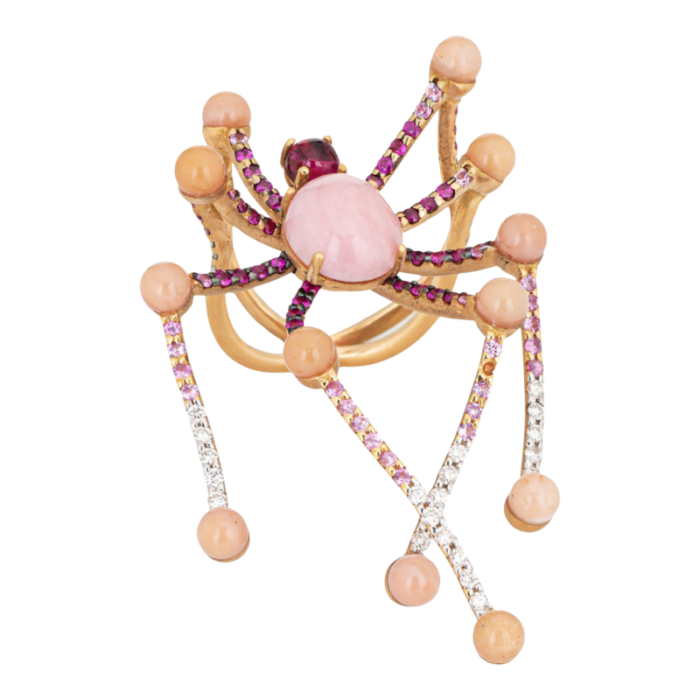 vasari spider ring sz 65 estate 18k yellow gold pink opal diamond rubellite 0999