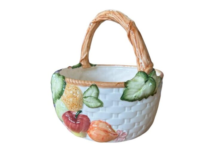 vintage 1994 cka ceramic white woven fruit basket fruit and branch handle 0114