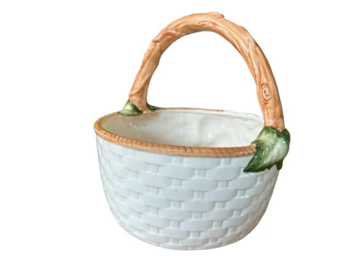 vintage 1994 cka ceramic white woven fruit basket fruit and branch handle 1052