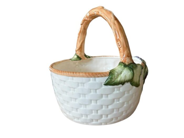 vintage 1994 cka ceramic white woven fruit basket fruit and branch handle 8740