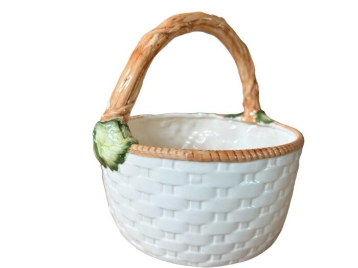 vintage 1994 cka ceramic white woven fruit basket fruit and branch handle 9981