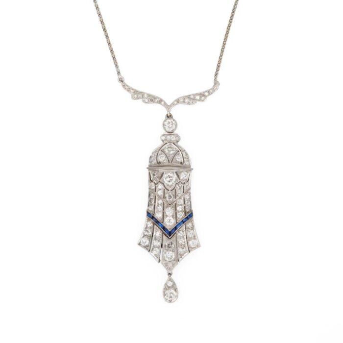 vintage 4ct diamond art deco necklace platinum 15 sapphire estate jewelry 1601