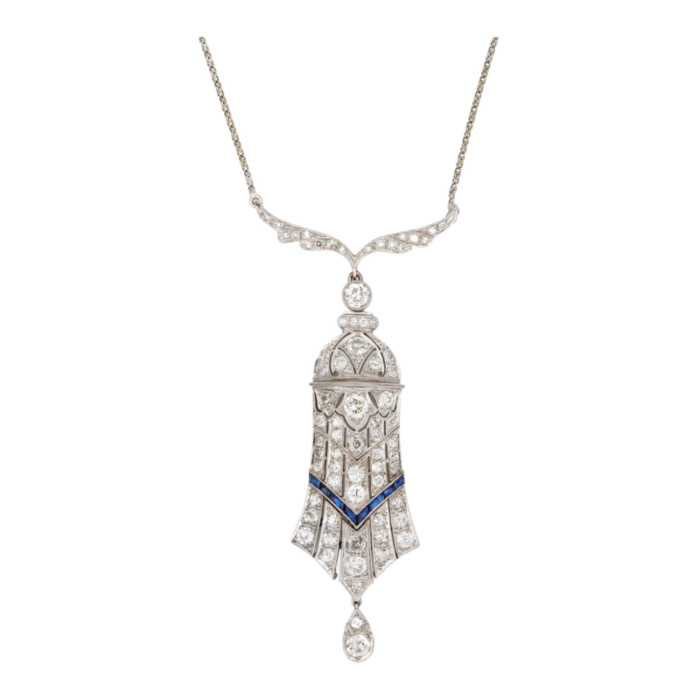 vintage 4ct diamond art deco necklace platinum 15 sapphire estate jewelry 8324