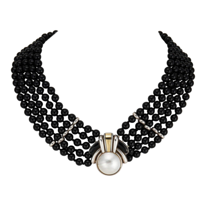 vintage 70s cartier necklace onyx choker sterling silver 18k gold mabe pearl 6261