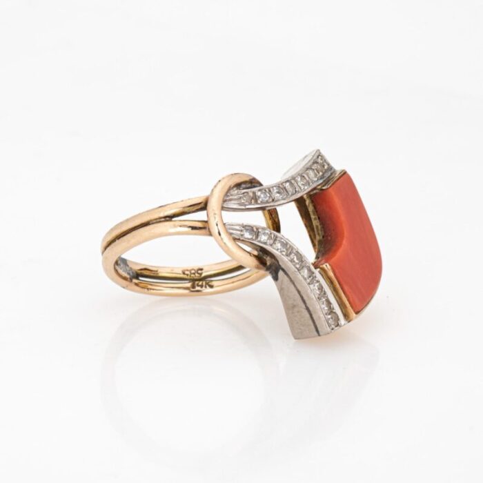 vintage 70s coral diamond ring abstract 14k yellow gold sz 475 estate jewelry 8401