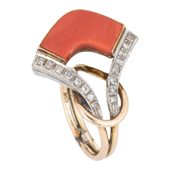 vintage 70s coral diamond ring abstract 14k yellow gold sz 475 estate jewelry 9525