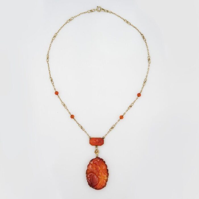 vintage art deco carved carnelian necklace 14k yellow gold 155 drop flowers 6678