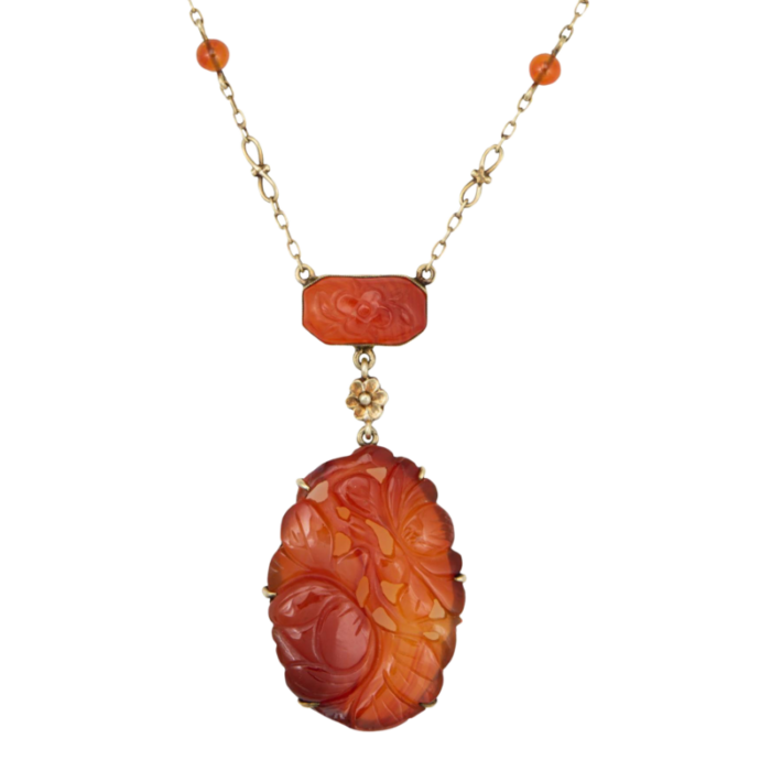 vintage art deco carved carnelian necklace 14k yellow gold 155 drop flowers 9674