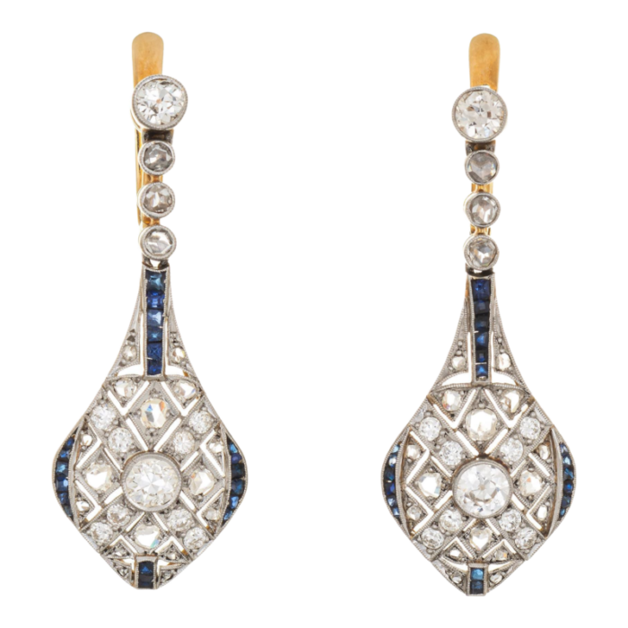 vintage art deco diamond sapphire earrings drops 18k gold platinum fine jewelry 0833